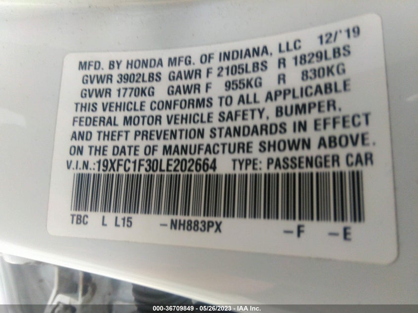VIN 19XFC1F30LE202664 2020 HONDA CIVIC SEDAN EX
