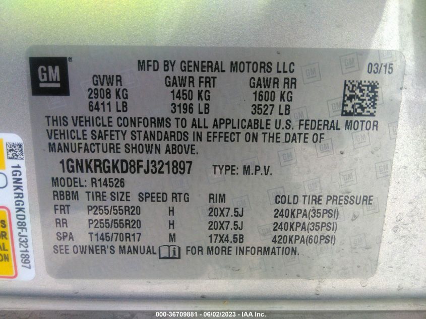 2015 CHEVROLET TRAVERSE LT - 1GNKRGKD8FJ321897