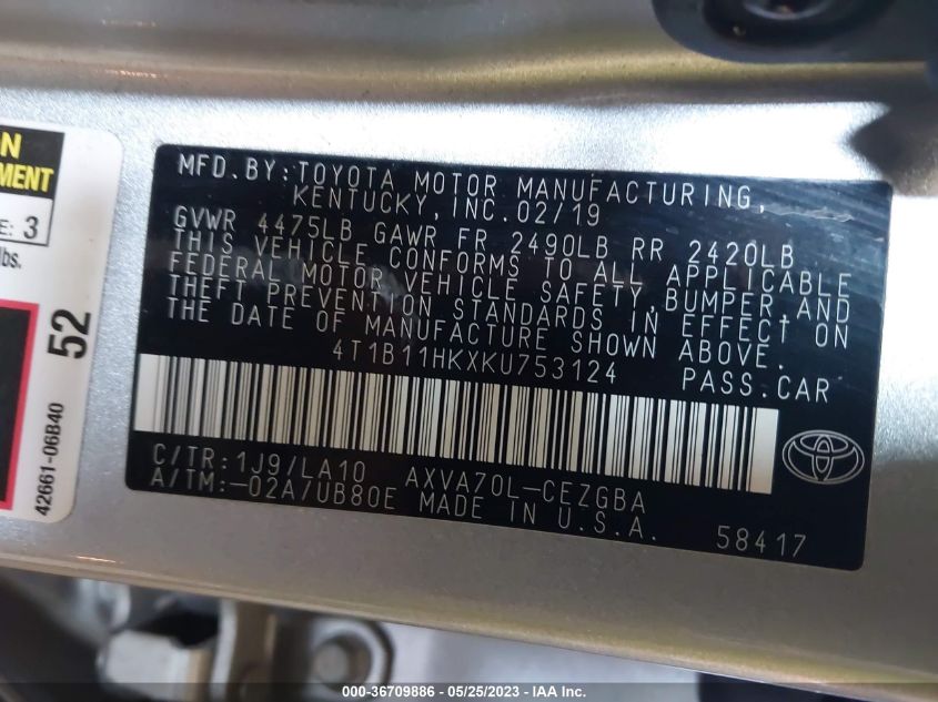 2019 TOYOTA CAMRY LE/SE/XLE/L - 4T1B11HKXKU753124