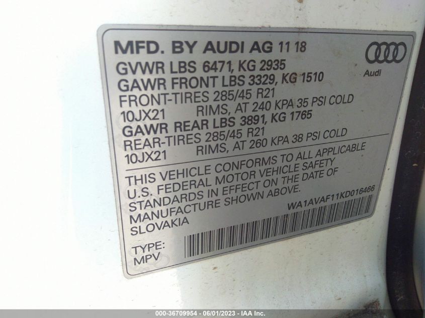 2019 AUDI Q8 PREMIUM WA1AVAF11KD016466
