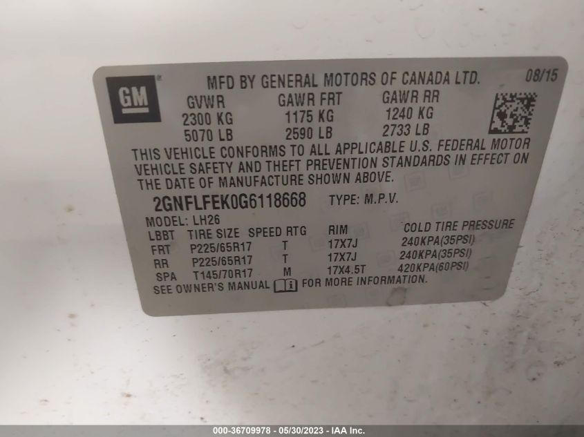 2016 CHEVROLET EQUINOX LT - 2GNFLFEK0G6118668