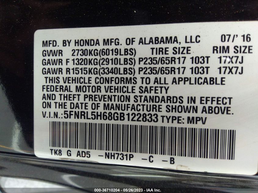 2016 HONDA ODYSSEY EX-L - 5FNRL5H68GB122833