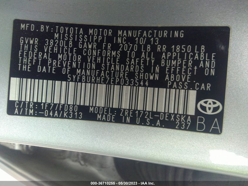 2014 TOYOTA COROLLA L/LE/S/S PLUS/LE PLUS - 5YFBURHE7EP033544