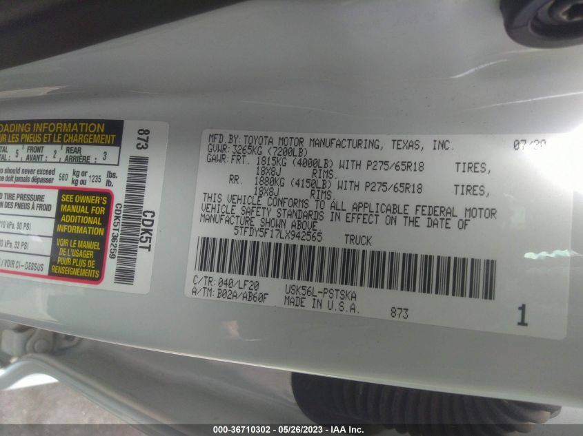 2020 TOYOTA TUNDRA 4WD SR5/TRD PRO - 5TFDY5F17LX942565