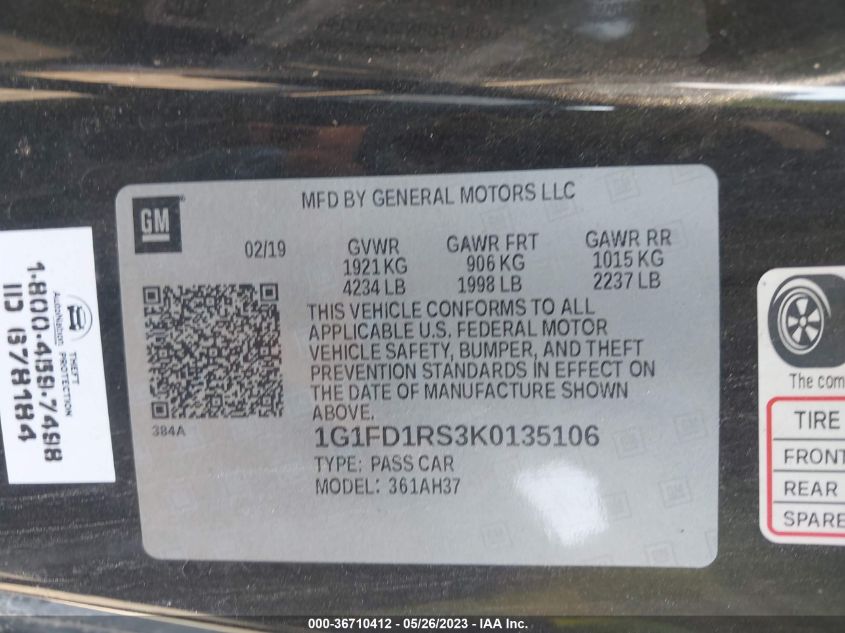 2019 CHEVROLET CAMARO 2LT - 1G1FD1RS3K0135106