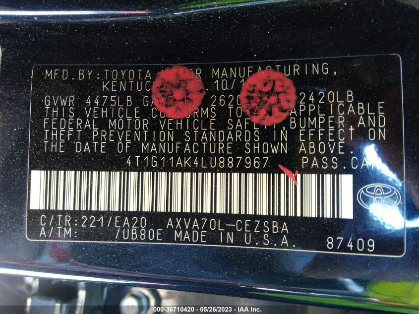 2020 TOYOTA CAMRY SE - 4T1G11AK4LU887967