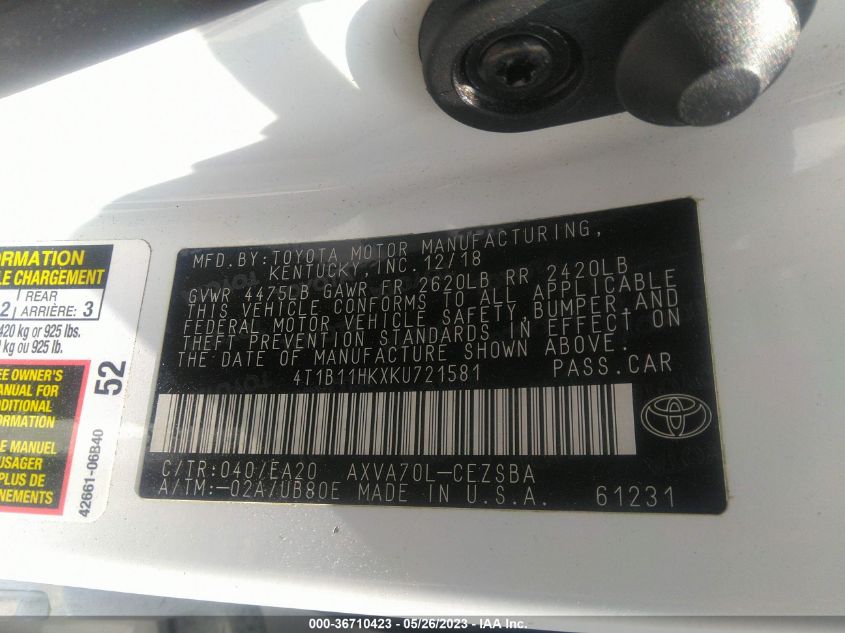 2019 TOYOTA CAMRY LE/SE/XLE/L - 4T1B11HKXKU721581