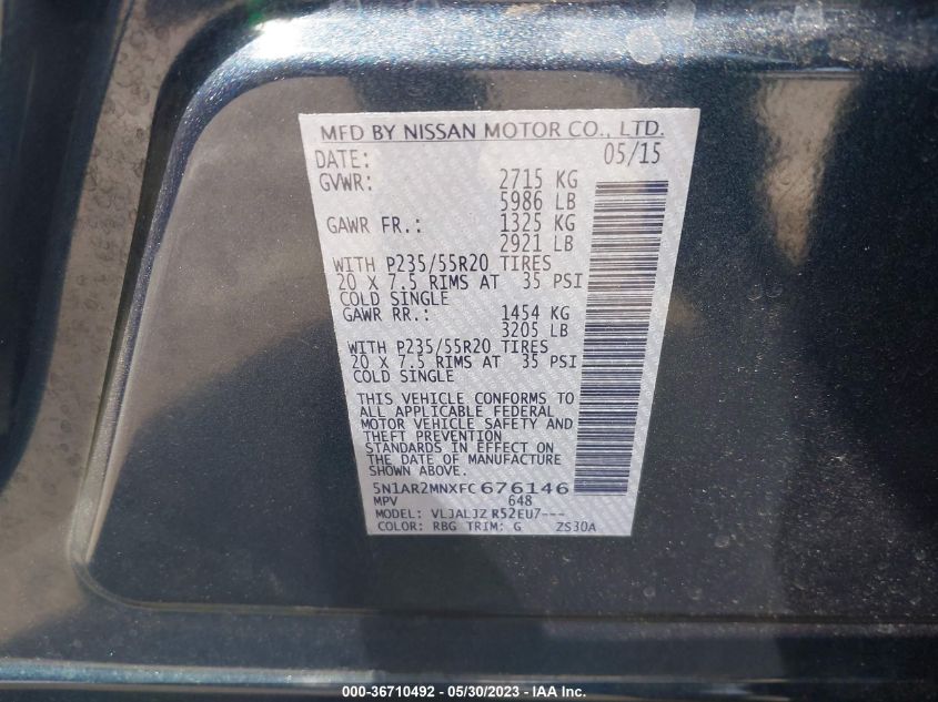 2015 NISSAN PATHFINDER PLATINUM - 5N1AR2MNXFC676146