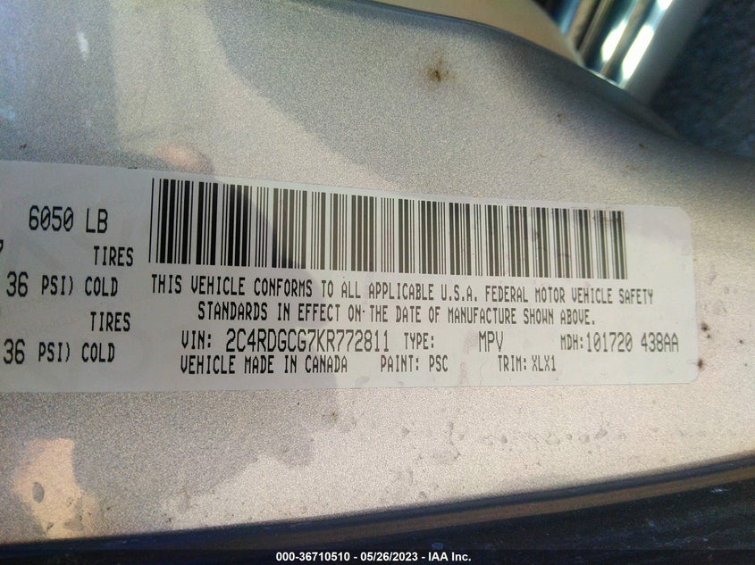 VIN 2C4RDGCG7KR772811 2019 DODGE GRAND CARAVAN SXT