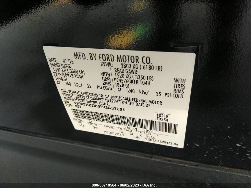 VIN 1FM5K8D85HGA37655 2017 FORD EXPLORER XLT