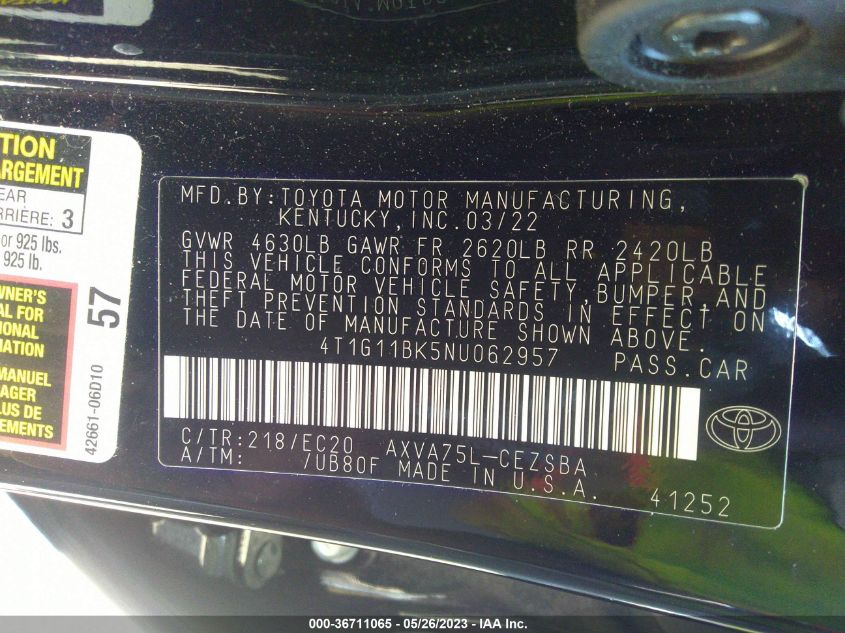 2022 TOYOTA CAMRY SE - 4T1G11BK5NU062957