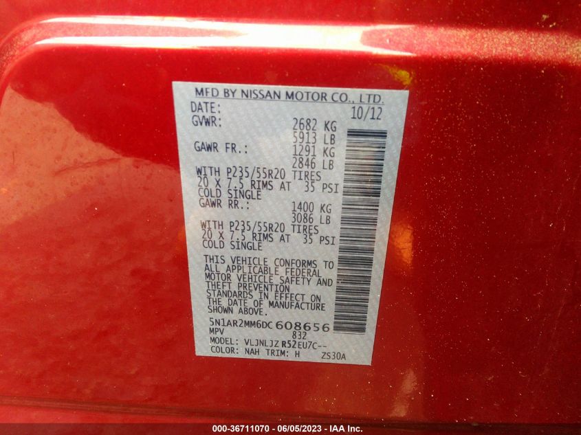 2013 NISSAN PATHFINDER PLATINUM - 5N1AR2MM6DC608656