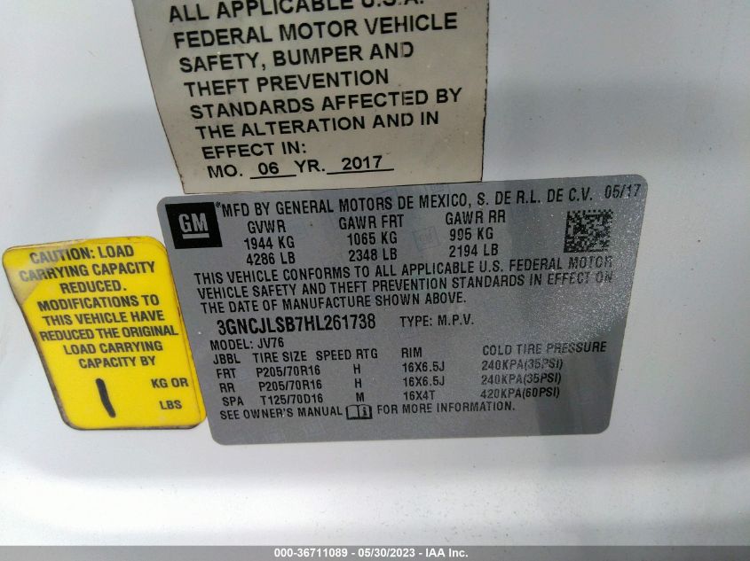2017 CHEVROLET TRAX LT - 3GNCJLSB7HL261738
