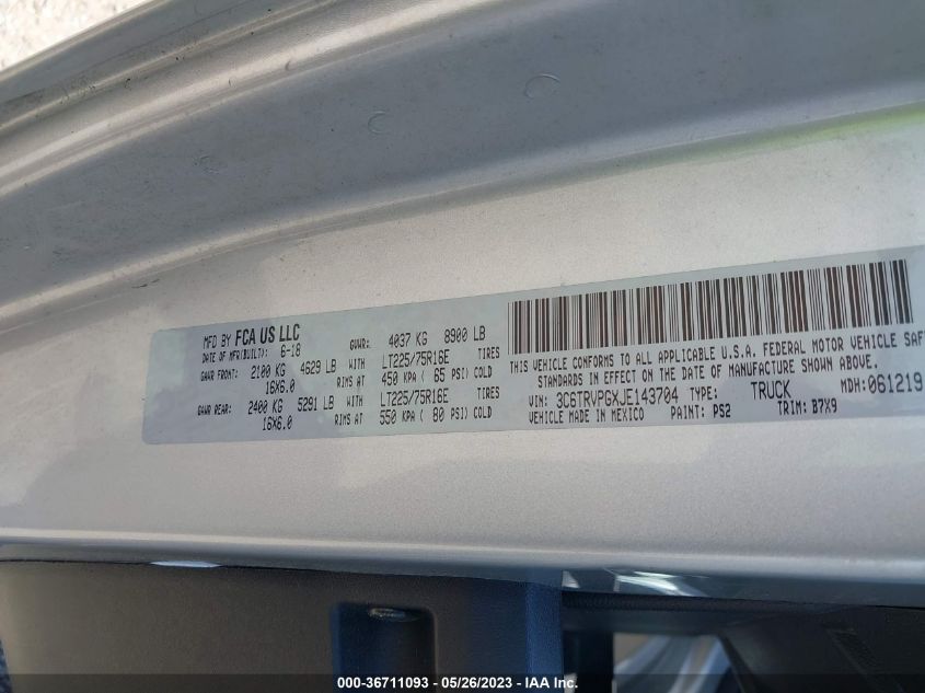 2018 RAM PROMASTER WINDOW VAN - 3C6TRVPGXJE143704
