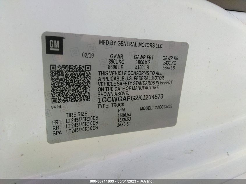 2019 CHEVROLET EXPRESS CARGO VAN - 1GCWGAFG2K1234573