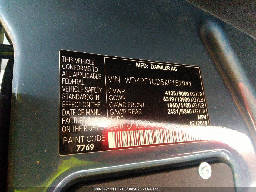 2019 MERCEDES-BENZ SPRINTER VAN WD4PF1CD5KP152941