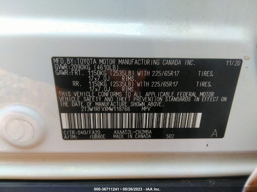 2021 TOYOTA RAV4 XLE - 2T3W1RFVXMW118766
