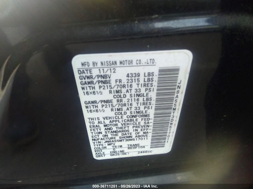 2013 NISSAN ROGUE S - JN8AS5MT3DW517011
