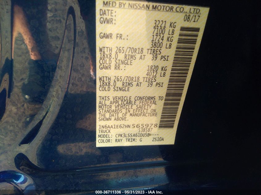 2017 NISSAN TITAN SV - 1N6AA1E62HN565978