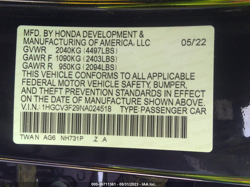 VIN 1HGCV3F29NA024518 2022 HONDA ACCORD HYBRID SPORT