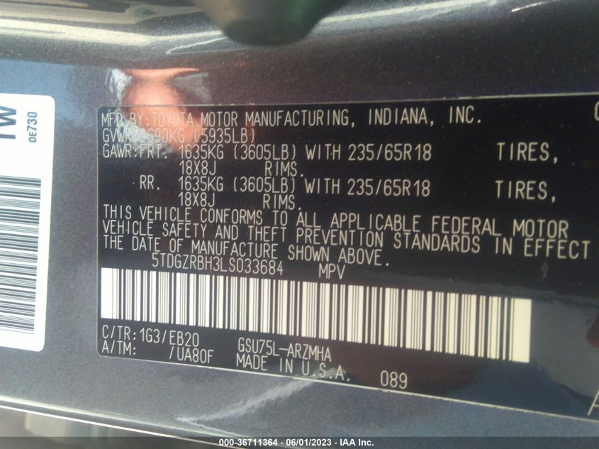 2020 TOYOTA HIGHLANDER XLE - 5TDGZRBH3LS033684