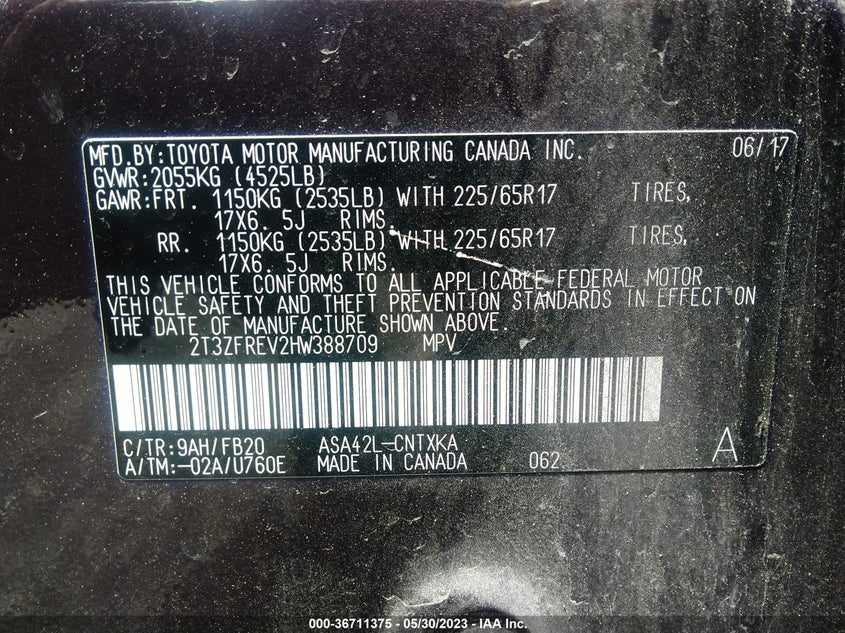 VIN 2T3ZFREV2HW388709 2017 TOYOTA RAV4 LE