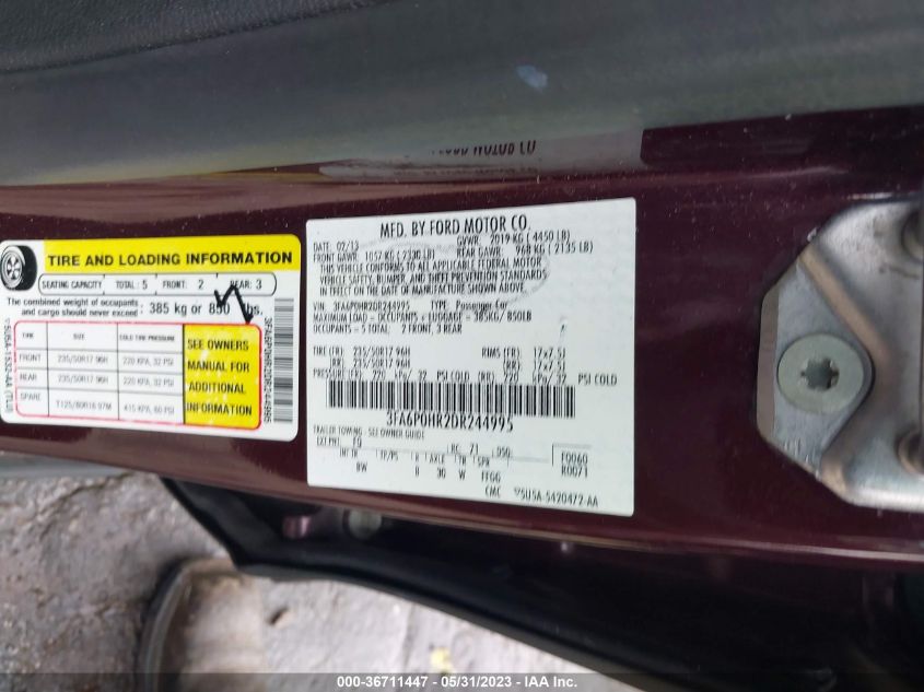 2013 FORD FUSION SE - 3FA6P0HR2DR244995