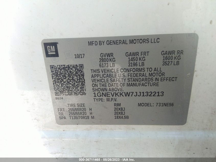 2018 CHEVROLET TRAVERSE HIGH COUNTRY - 1GNEVKKW7JJ132213