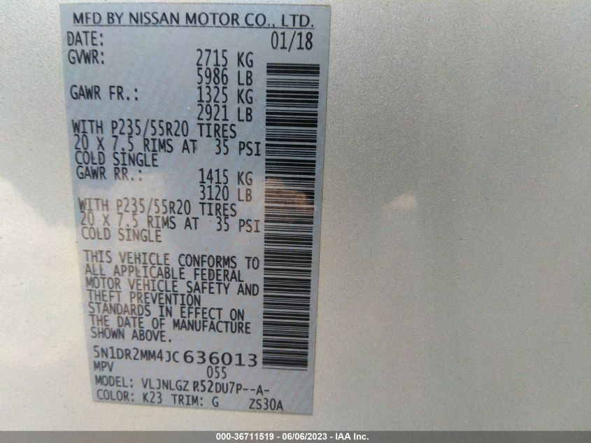 2018 NISSAN PATHFINDER SL - 5N1DR2MM4JC636013