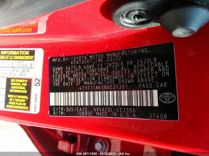 2022 TOYOTA CAMRY SE - 4T1T11AKXNU037391