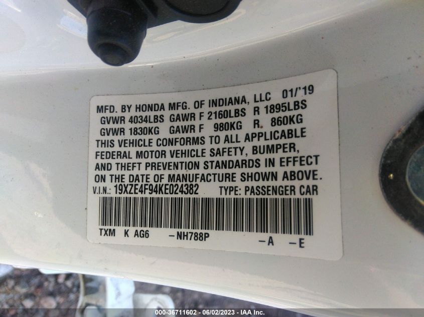 2019 HONDA INSIGHT TOURING - 19XZE4F94KE024382