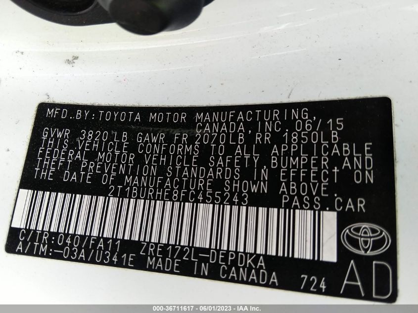 2015 TOYOTA COROLLA L/LE/S/S PLUS/LE PLUS - 2T1BURHE8FC455243