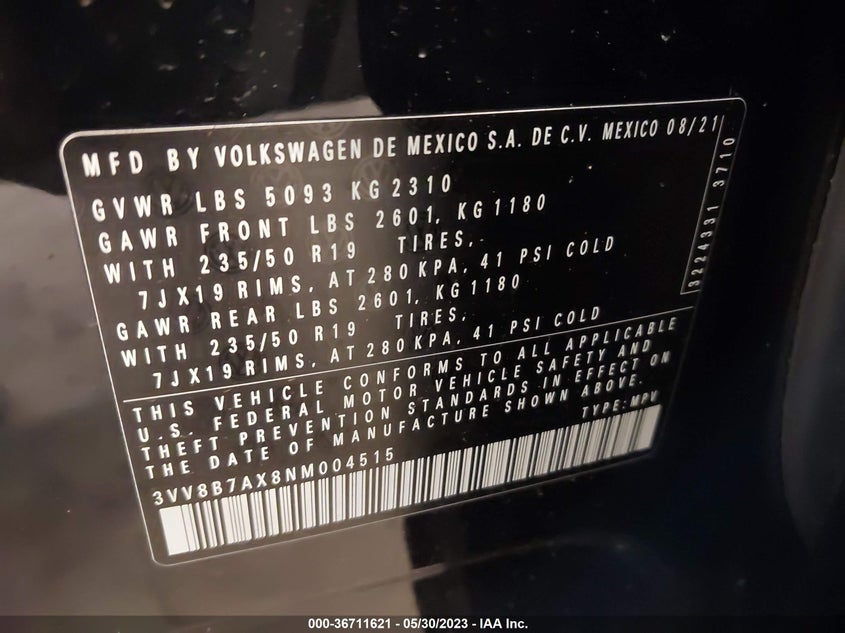 VIN 3VV8B7AX8NM004515 2022 VOLKSWAGEN TIGUAN SE R-LINE BLACK