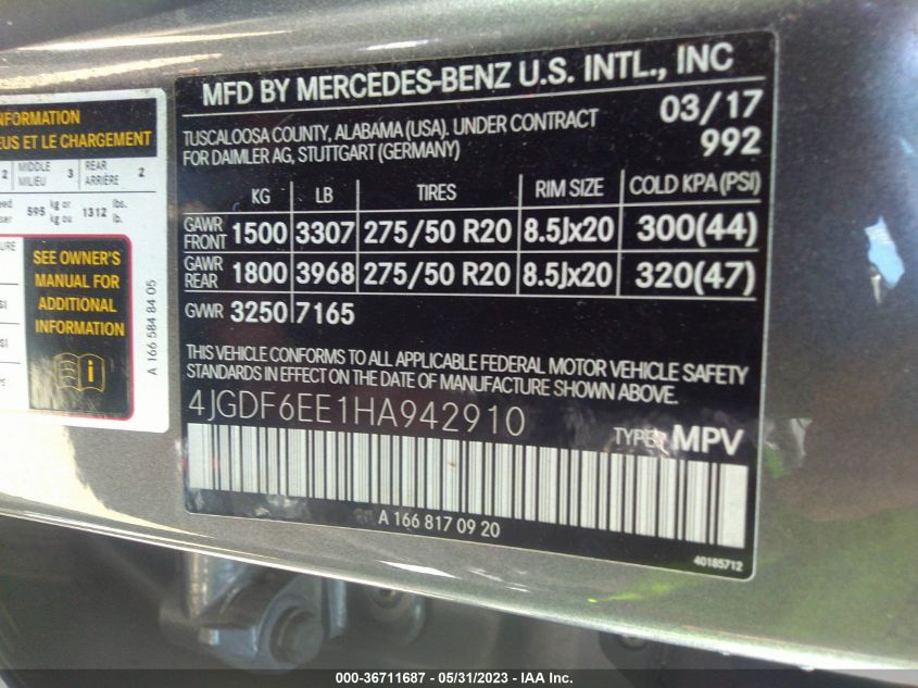 2017 MERCEDES-BENZ GLS GLS 450 - 4JGDF6EE1HA942910