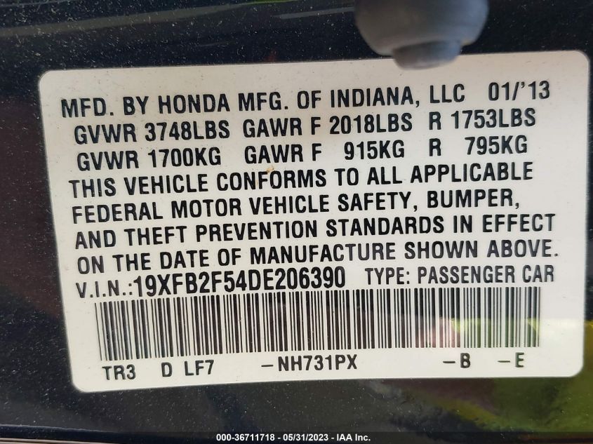 2013 HONDA CIVIC SDN LX - 19XFB2F54DE206390