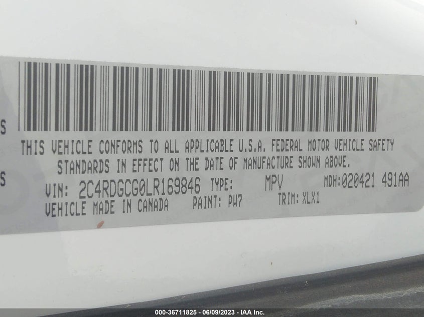VIN 2C4RDGCG0LR169846 2020 DODGE GRAND CARAVAN SXT