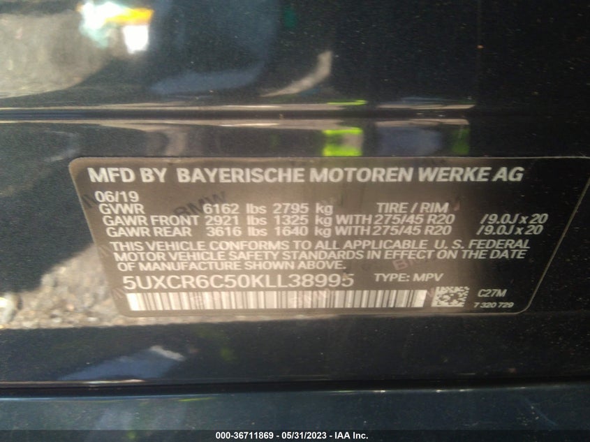 VIN 5UXCR6C50KLL38995 2019 BMW X5 XDRIVE40I