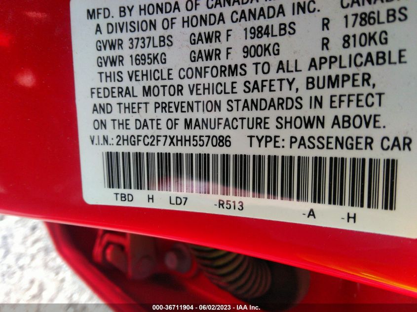 2017 HONDA CIVIC SEDAN EX - 2HGFC2F7XHH557086