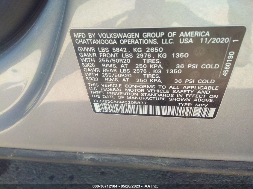 2021 VOLKSWAGEN ATLAS CROSS SPORT 3.6L V6 SE W/TECHNOLOGY - 1V2KE2CA8MC205837