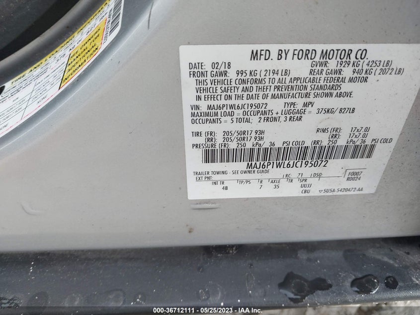 VIN MAJ6P1WL6JC195072 2018 FORD ECOSPORT TITANIUM