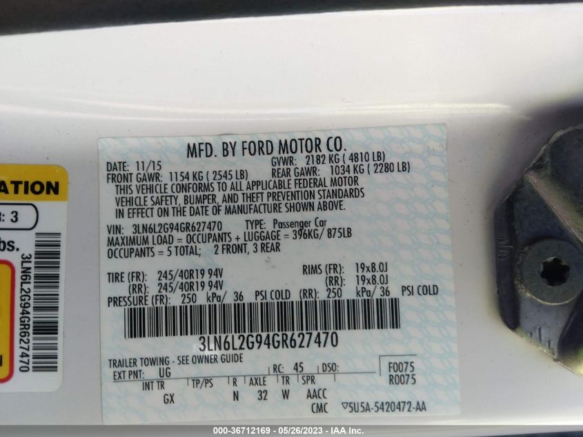 2016 LINCOLN MKZ - 3LN6L2G94GR627470