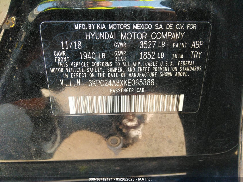 VIN 3KPC24A3XKE065388 2019 HYUNDAI ACCENT SE