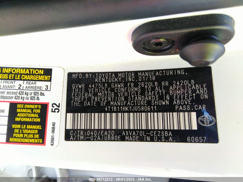 2018 TOYOTA CAMRY LE/SE/XLE/L - 4T1B11HK1JU580611