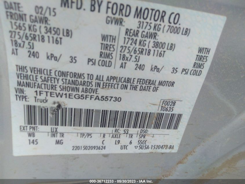 2015 FORD F-150 XLT/XL/LARIAT/PLATINUM - 1FTEW1EG5FFA55730