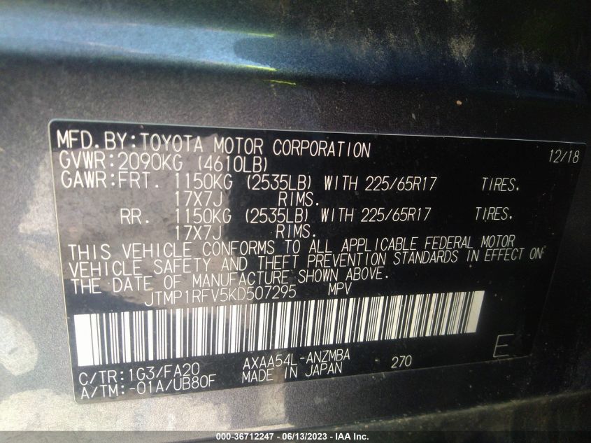 2019 TOYOTA RAV4 XLE - JTMP1RFV5KD507295