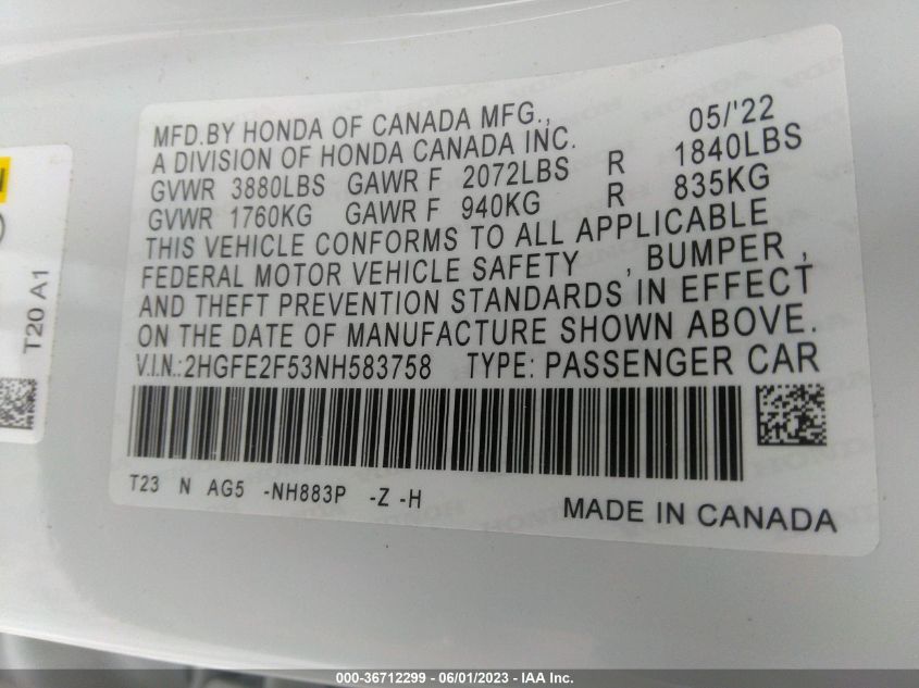 2022 HONDA CIVIC SEDAN SPORT - 2HGFE2F53NH583758