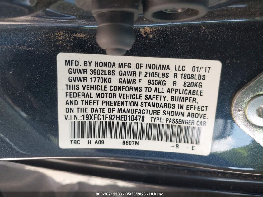2017 HONDA CIVIC SEDAN TOURING - 19XFC1F92HE010478
