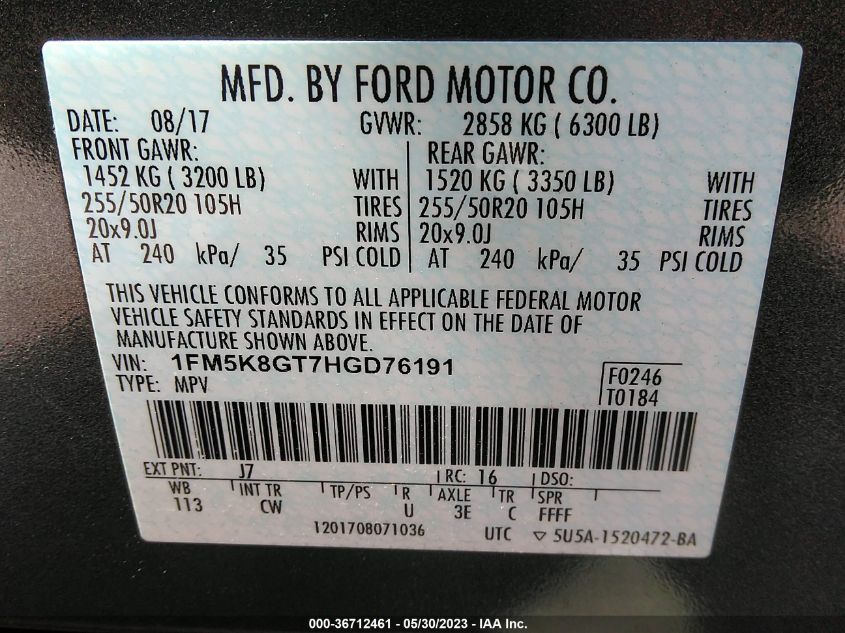 2017 FORD EXPLORER SPORT - 1FM5K8GT7HGD76191