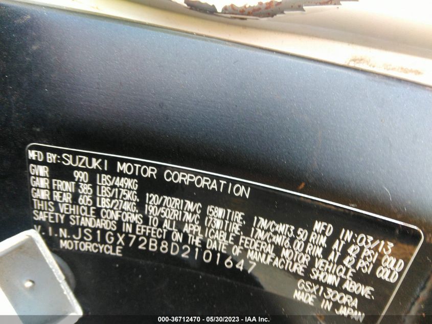 2013 SUZUKI GSX1300 RA JS1GX72B8D2101647