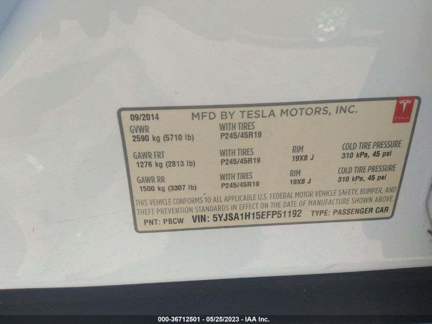 2014 TESLA MODEL S 60 KWH BATTERY/P85 - 5YJSA1H15EFP51192